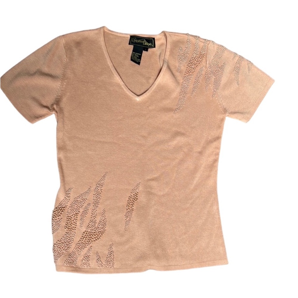Christine Phillipe v-neck short sleeved peach knit top w/ beading size L VINTAGE